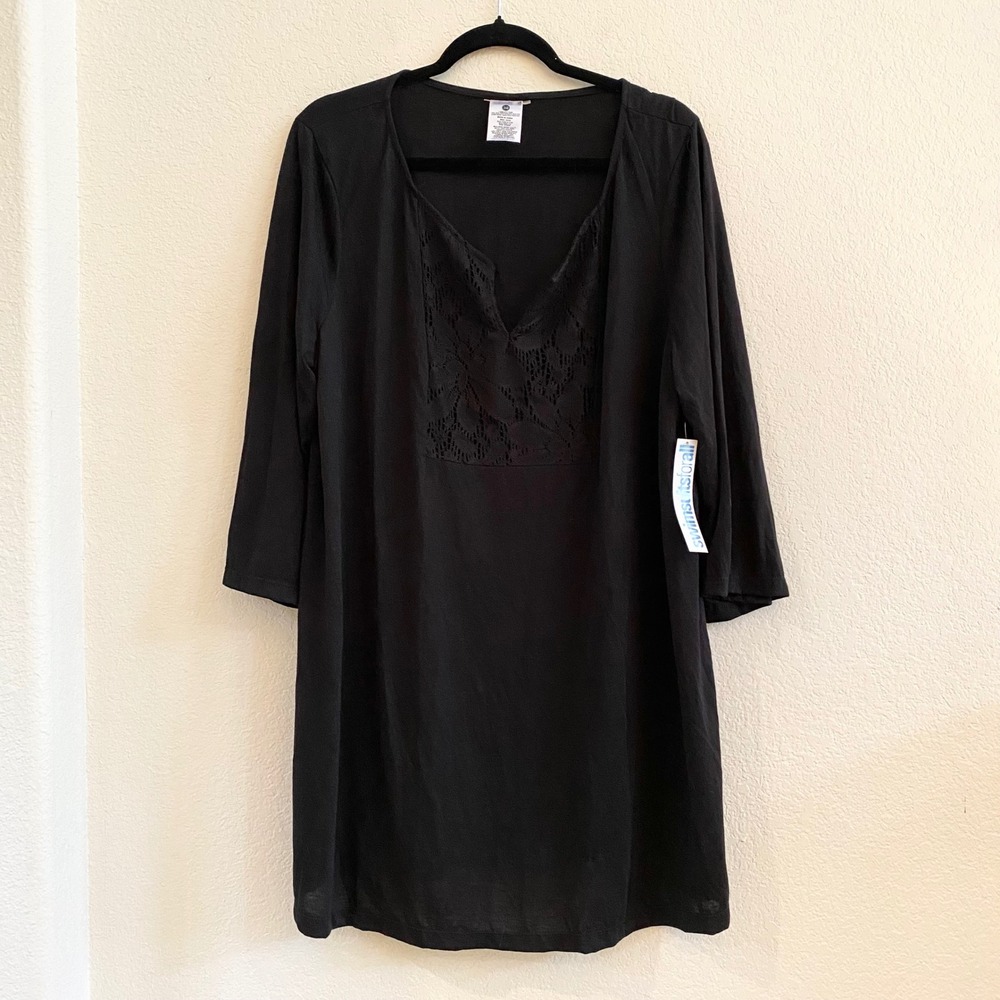 New Swimsuits For All Black Lace Trim V Neck Tunic Cover Up Dress Size XXL